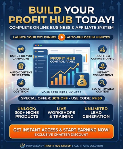 profithub Profit Hub System affiliate marketing dashboard showing done-for-you campaigns and discount offers.